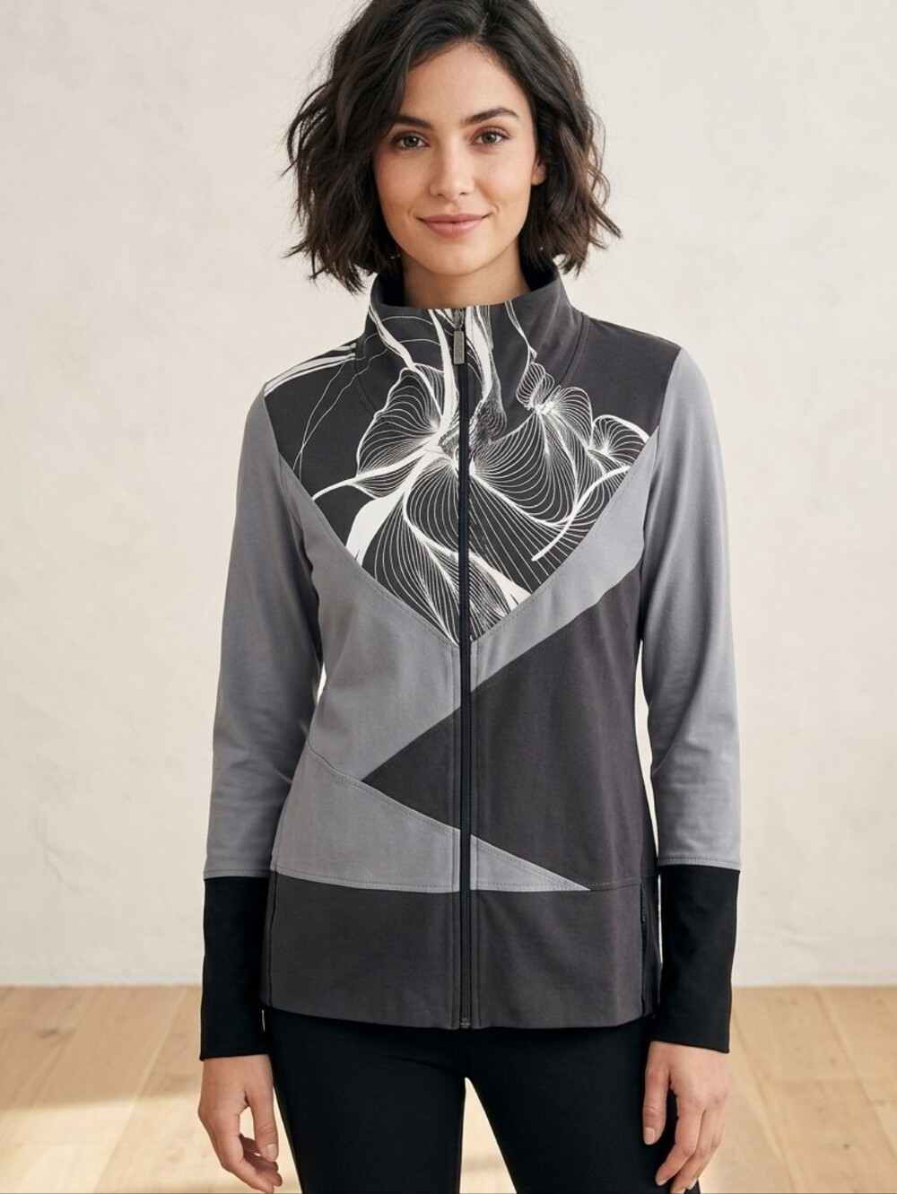 Schwiing Geometric Graphic Zip-Up Jacket Gray Black Pattern, Activewear, Size L